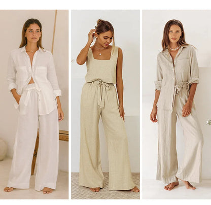 Pantalones Mujer de Lino Pierna Ancha Cintura Elástica Lazo