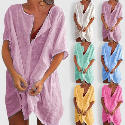 Vestido túnica mujer de algodón escote en V corte suelto