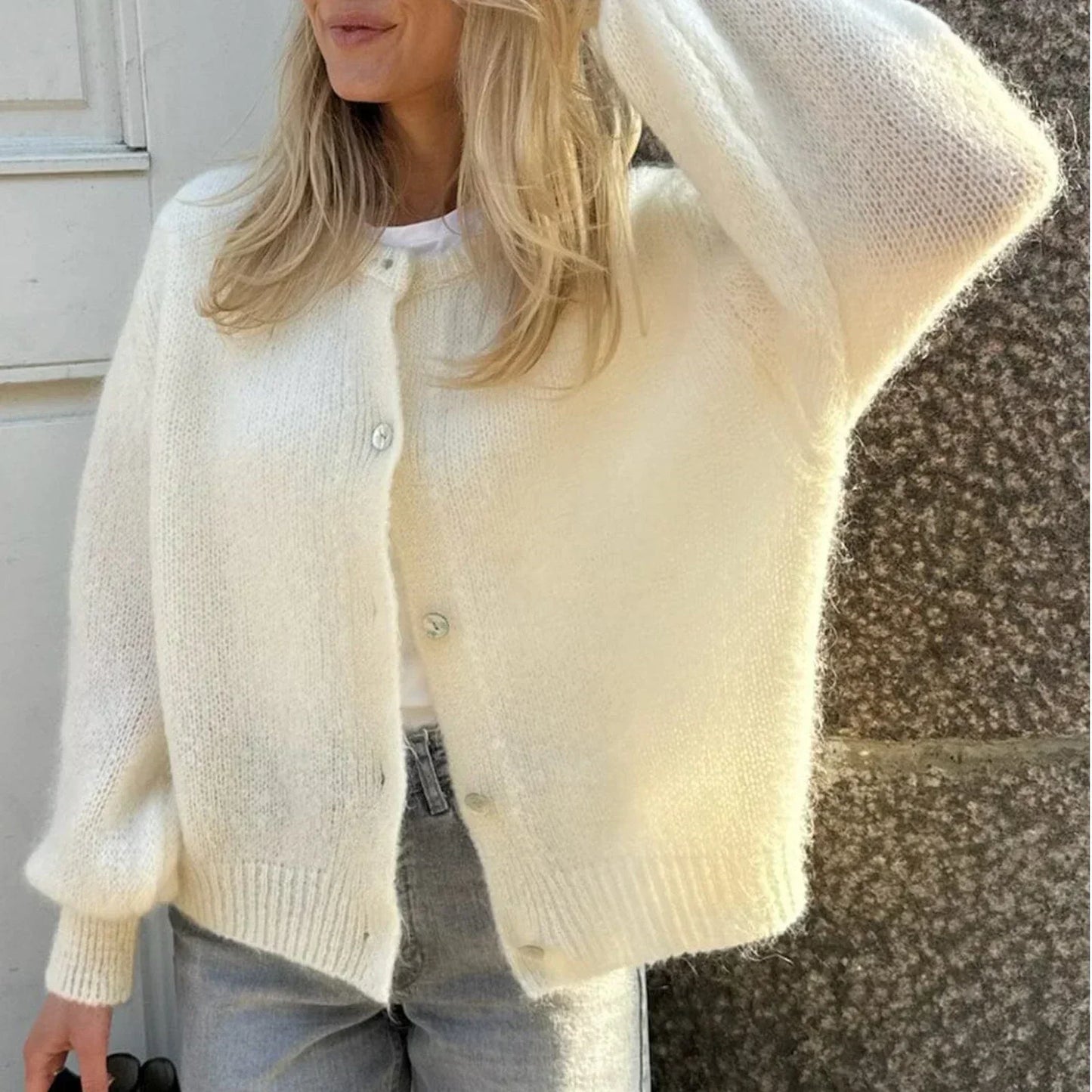 Chaqueta Punto Mujer Botones Nácar Cuello Pico