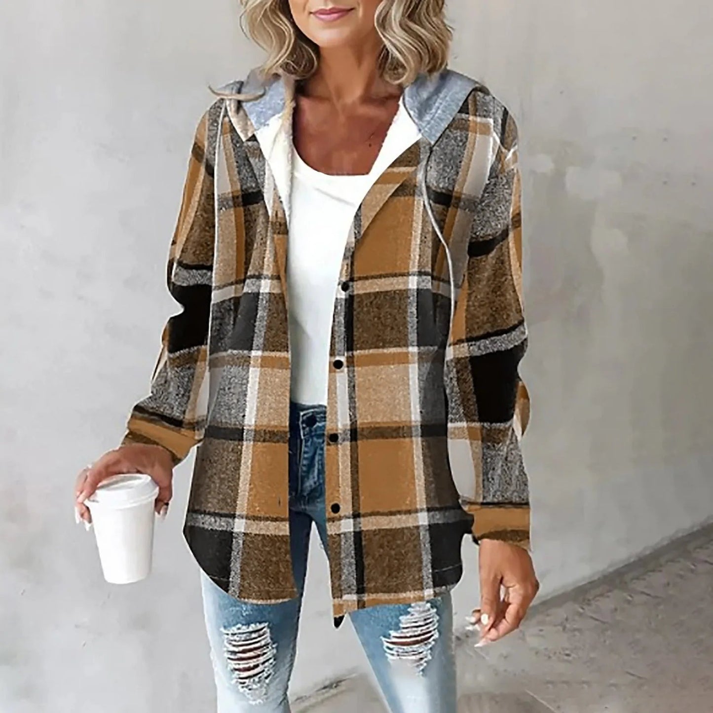 Chaqueta mujer con capucha y estampado cuadros casual cálida