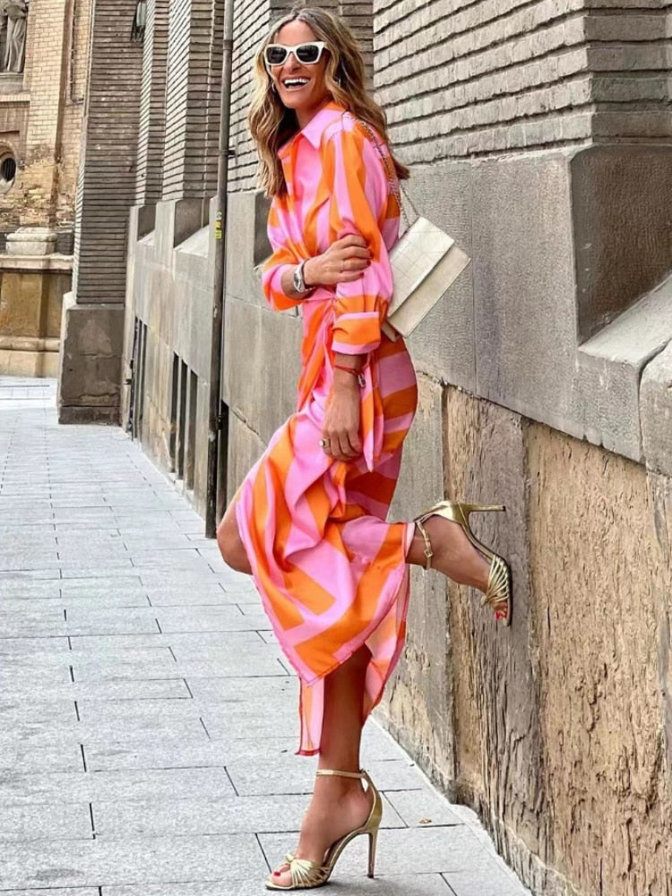 Vestido Midi Mujer Cruzado Manga Tres Cuartos Geométrico