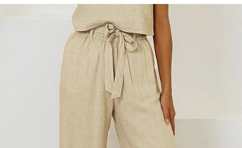Pantalones Mujer de Lino Pierna Ancha Cintura Elástica Lazo