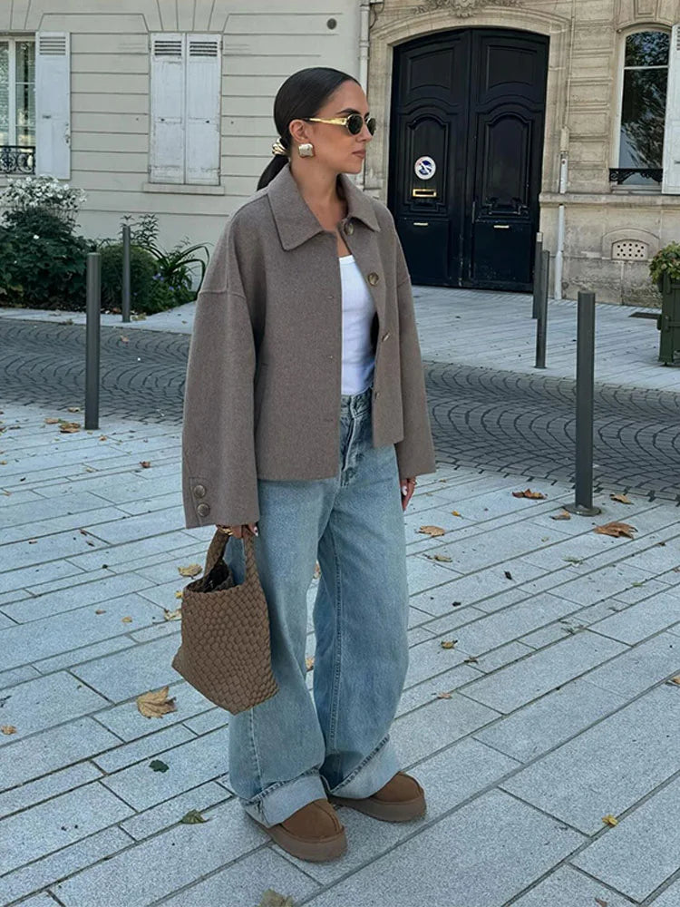 Chaqueta Corta Mujer Mezcla de Lana Cuello Solapa Mangas Oversize