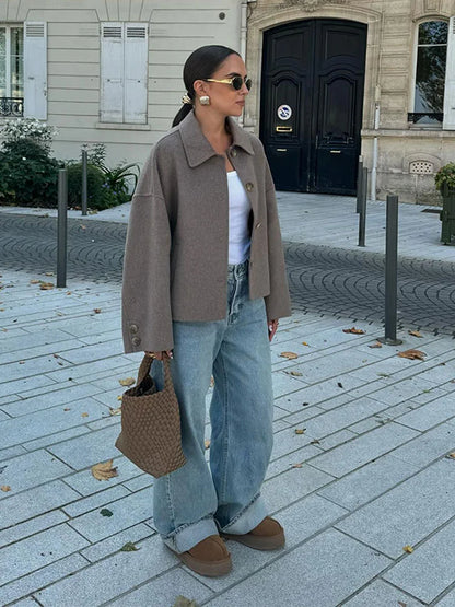 Chaqueta Corta Mujer Mezcla de Lana Cuello Solapa Mangas Oversize
