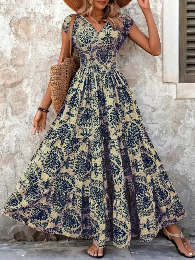 Vestido maxi mujer de tejido barroco escote en V - Mavetta