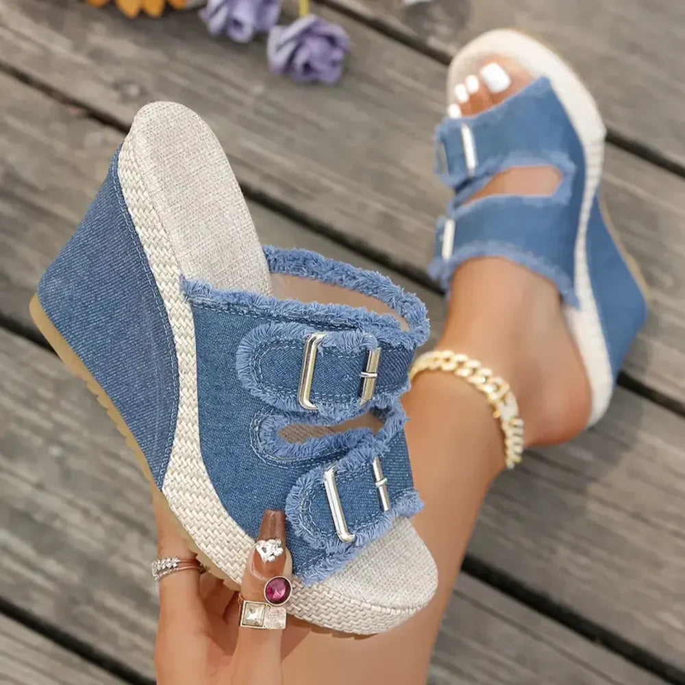 Sandalias Mujer Cuña Piel Hebillas Estilo Vaquero