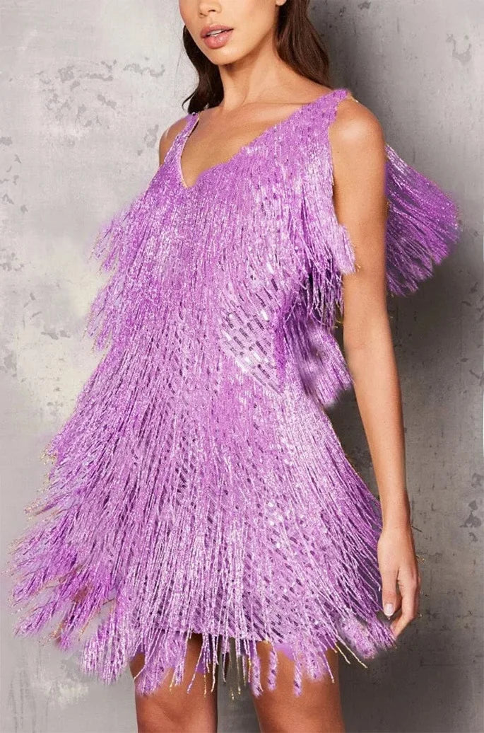 Vestido de cóctel mujer con flecos y plumas