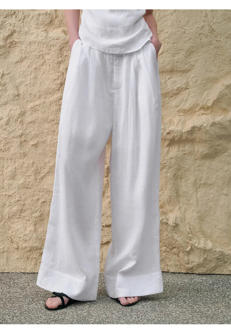 Pantalones Mujer de Lino Pierna Ancha Cintura Alta Elástica