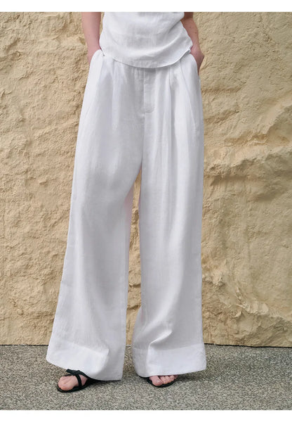 Pantalones Mujer de Lino Pierna Ancha Cintura Alta Elástica