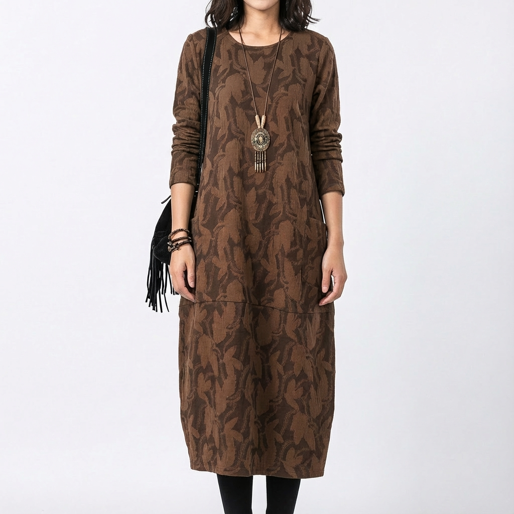 Vestido Midi Mujer Manga Larga Bolsillos
