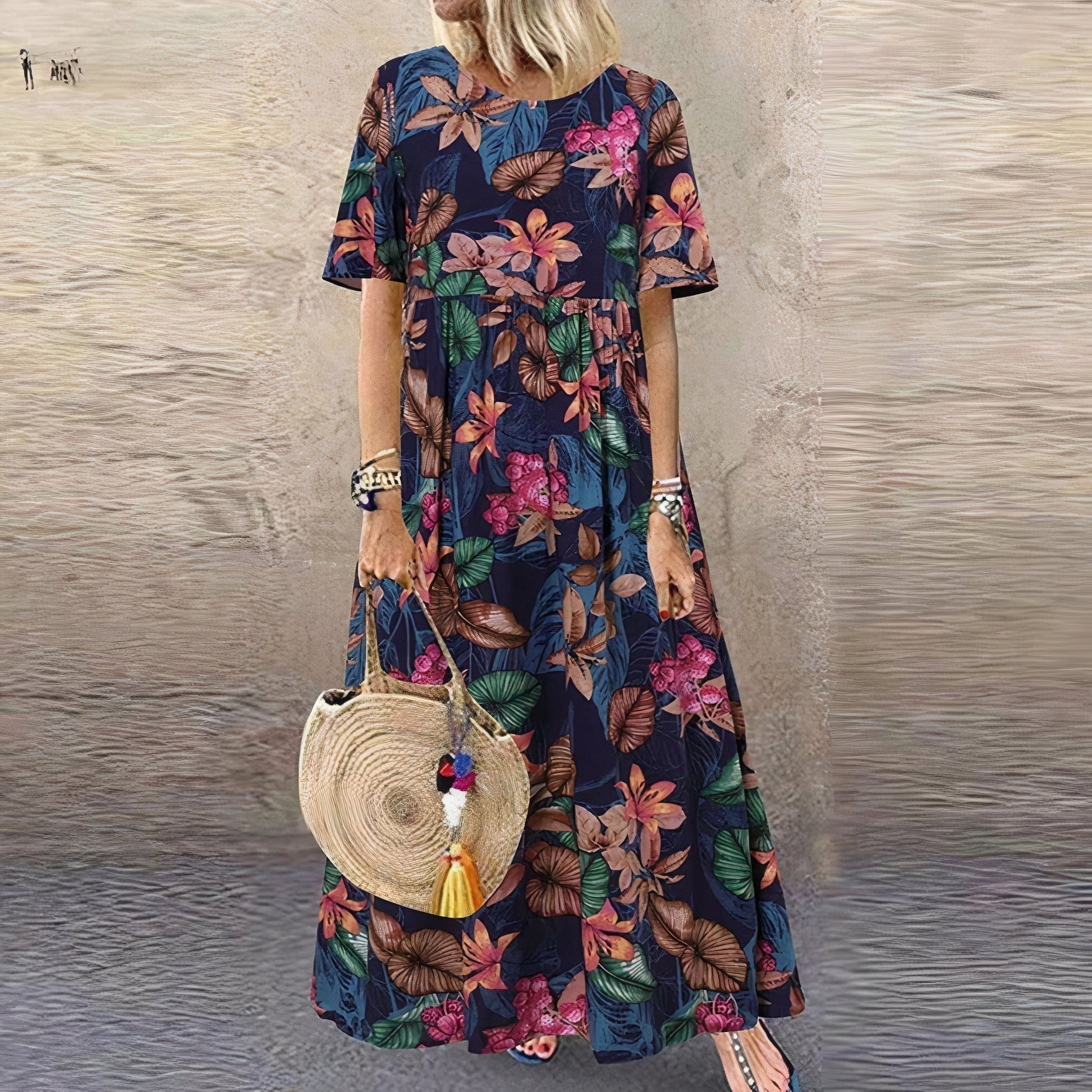 Vestido Largo Mujer Cuello Redondo Estampado Floral - Mavetta