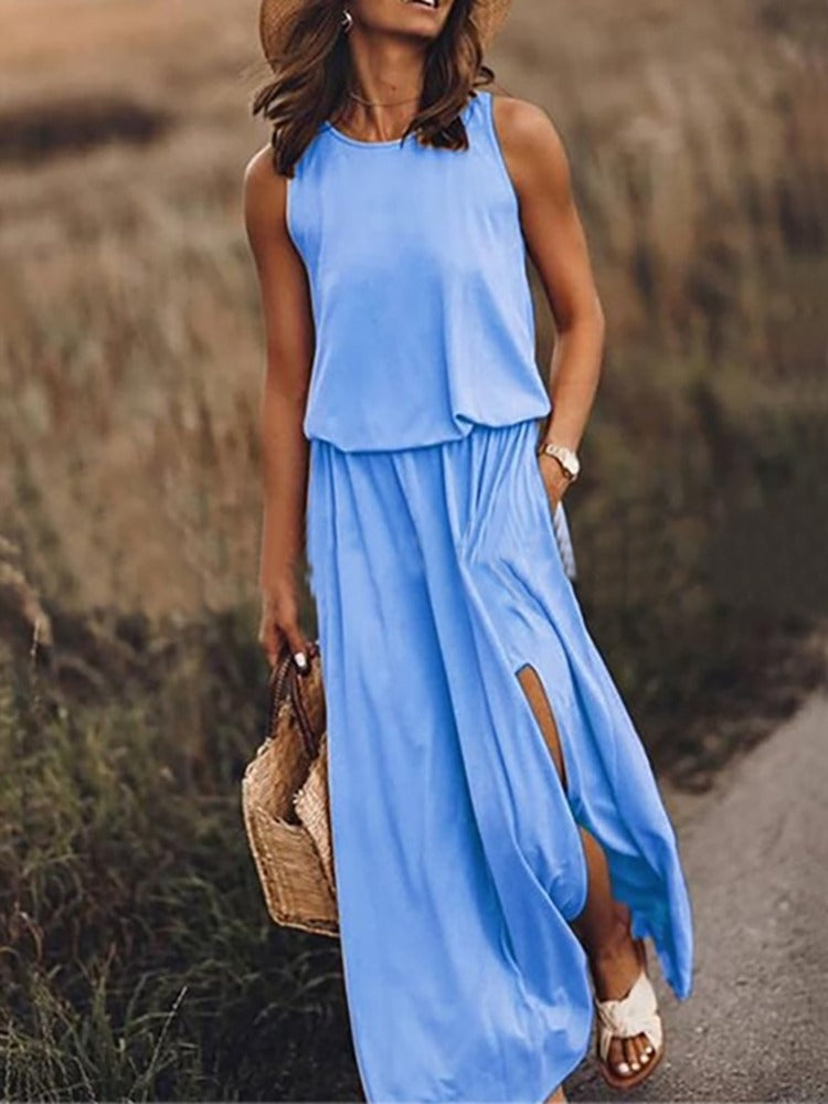 Vestido maxi mujer sin mangas abertura lateral elegante