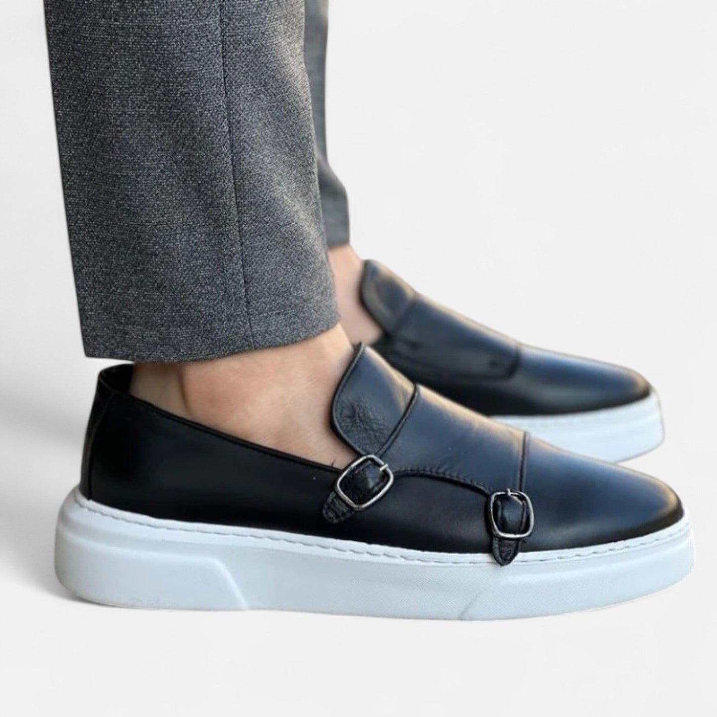 Mocasines Hombre de Piel Doble Hebilla Estilo Monk Strap