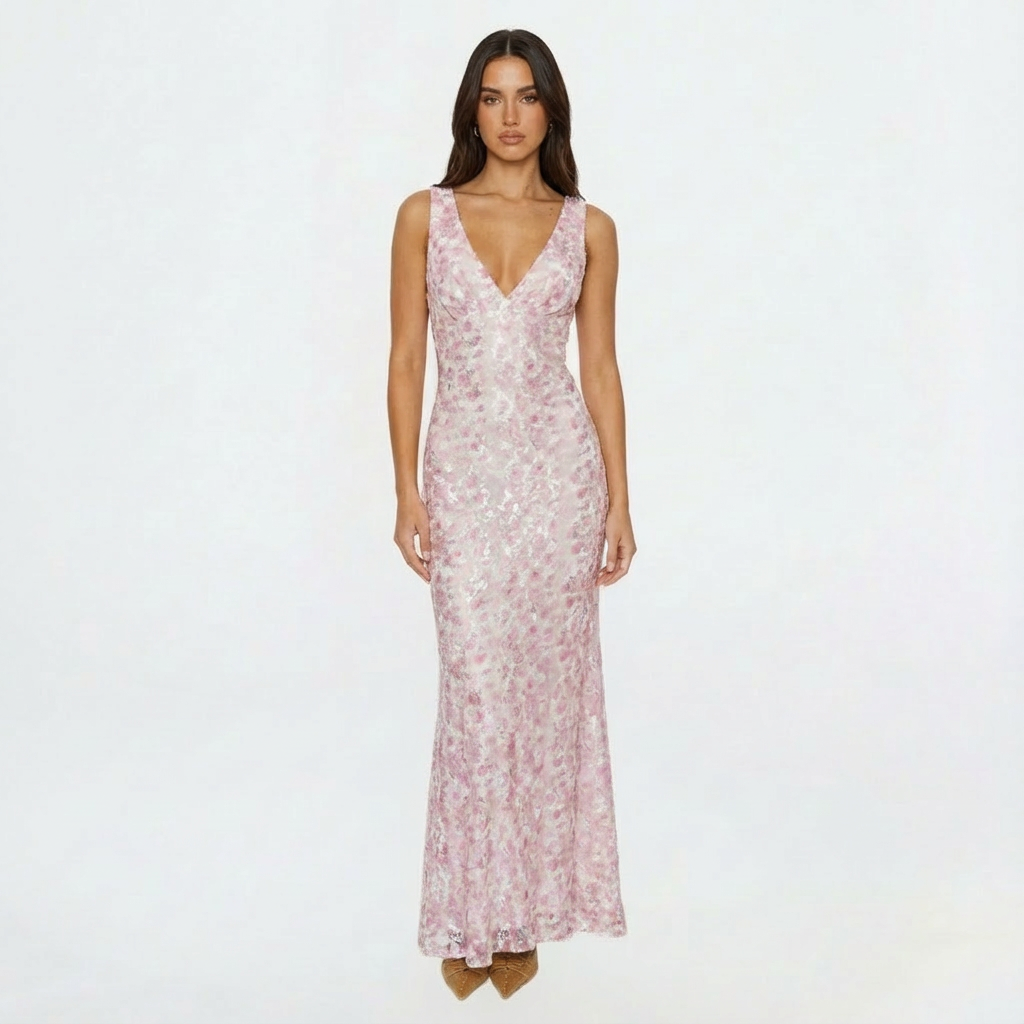Vestido Largo Mujer Estampado Floral Escote en V Sin Mangas Entallado - Mavetta