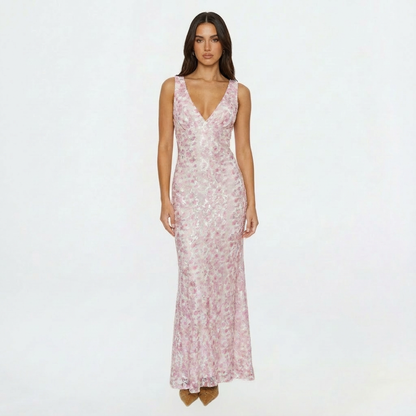 Vestido Largo Mujer Estampado Floral Escote en V Sin Mangas Entallado - Mavetta