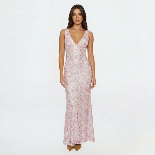 Vestido Largo Mujer Estampado Floral Escote en V Sin Mangas Entallado - Mavetta