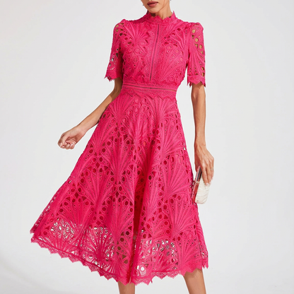 Vestido Midi Mujer con Bordado Inglés Cuello Alto