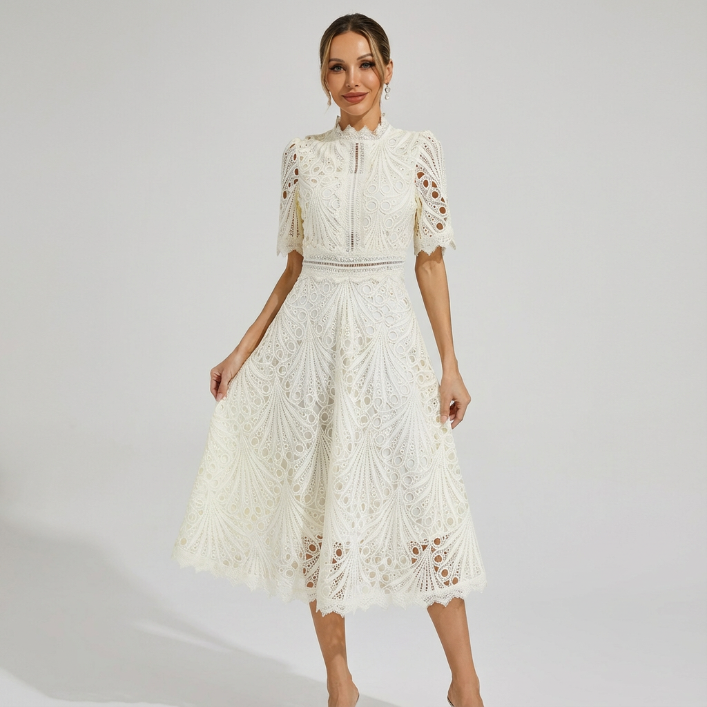 Vestido Midi Mujer con Bordado Inglés Cuello Alto - Mavetta