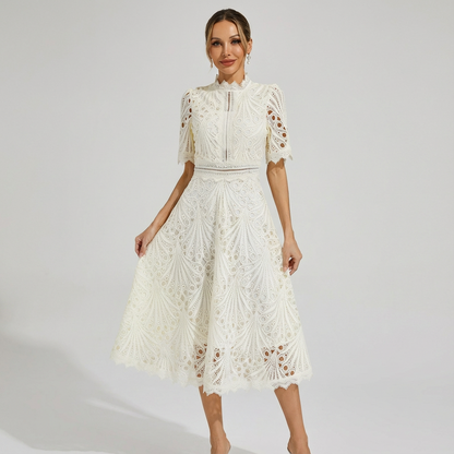 Vestido Midi Mujer con Bordado Inglés Cuello Alto - Mavetta