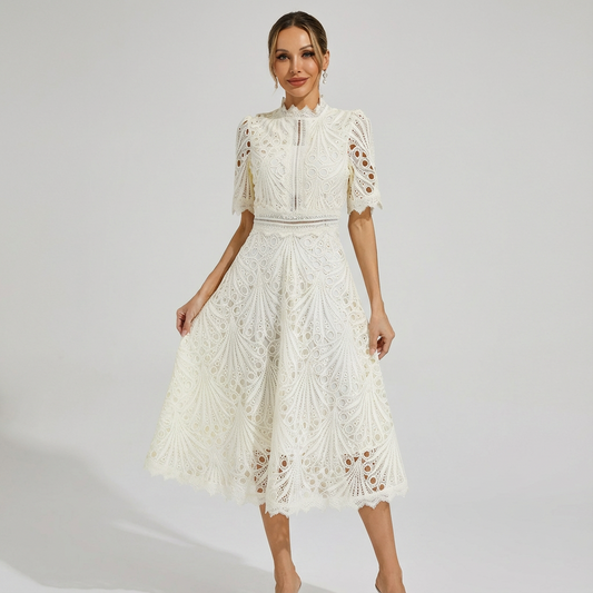 Vestido Midi Mujer con Bordado Inglés Cuello Alto - Mavetta