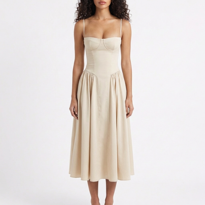 Vestido Midi Mujer con Corpiño Corsé y Tirantes Finos Romántico