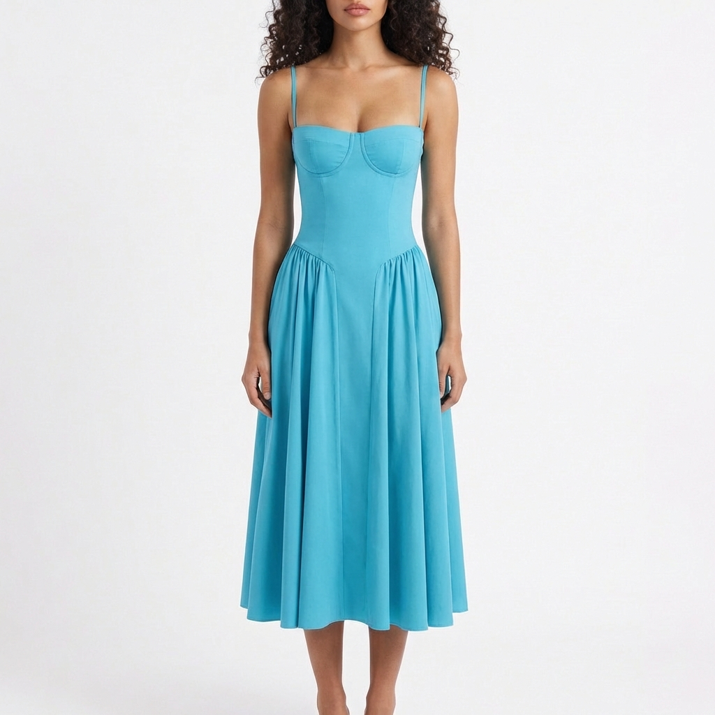 Vestido Midi Mujer con Corpiño Corsé y Tirantes Finos Romántico