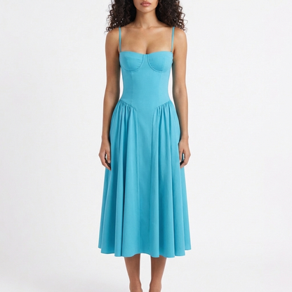 Vestido Midi Mujer con Corpiño Corsé y Tirantes Finos Romántico