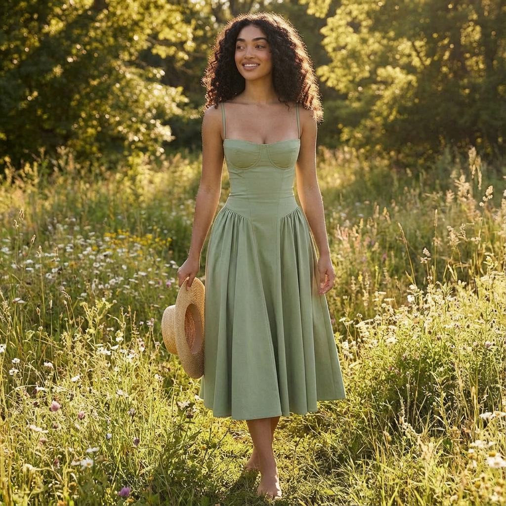 Vestido Midi Mujer con Corpiño Corsé y Tirantes Finos Romántico