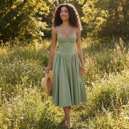 Vestido Midi Mujer con Corpiño Corsé y Tirantes Finos Romántico