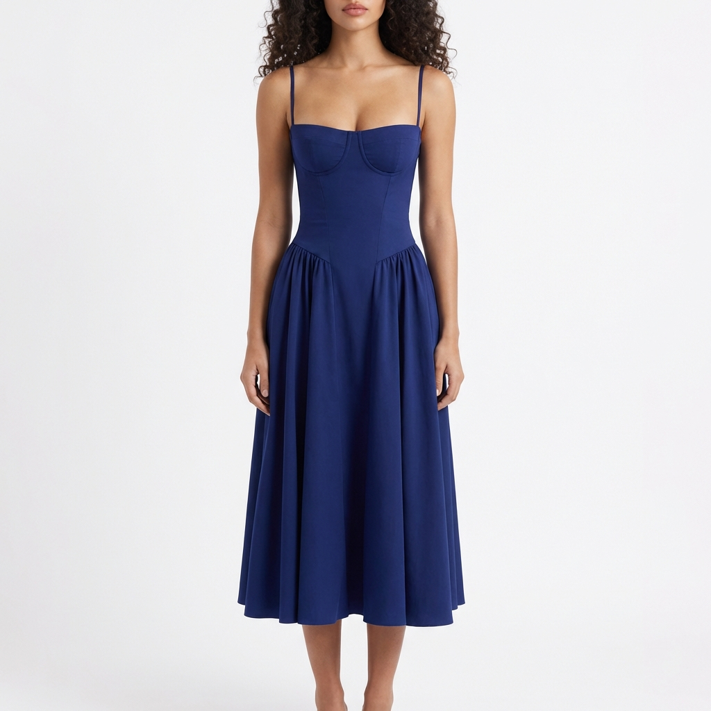 Vestido Midi Mujer con Corpiño Corsé y Tirantes Finos Romántico