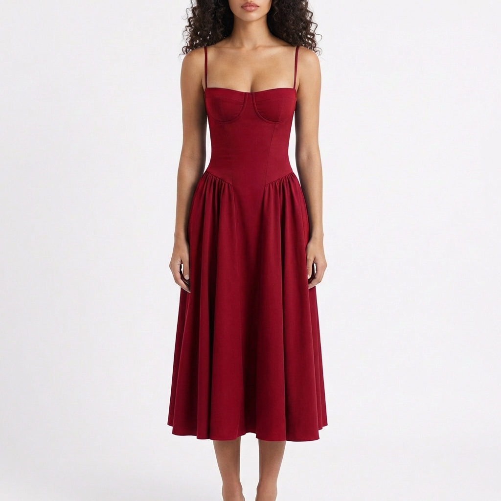 Vestido Midi Mujer con Corpiño Corsé y Tirantes Finos Romántico
