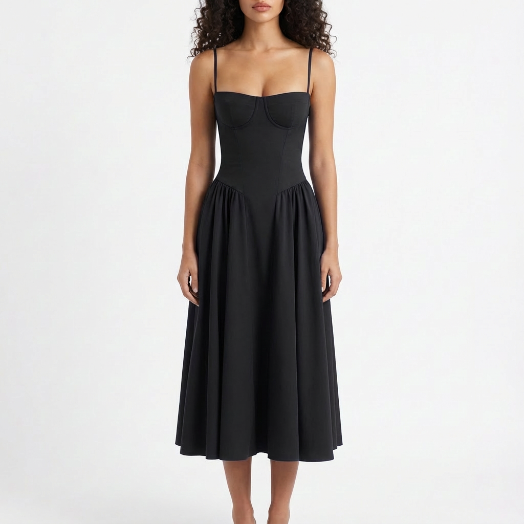 Vestido Midi Mujer con Corpiño Corsé y Tirantes Finos Romántico