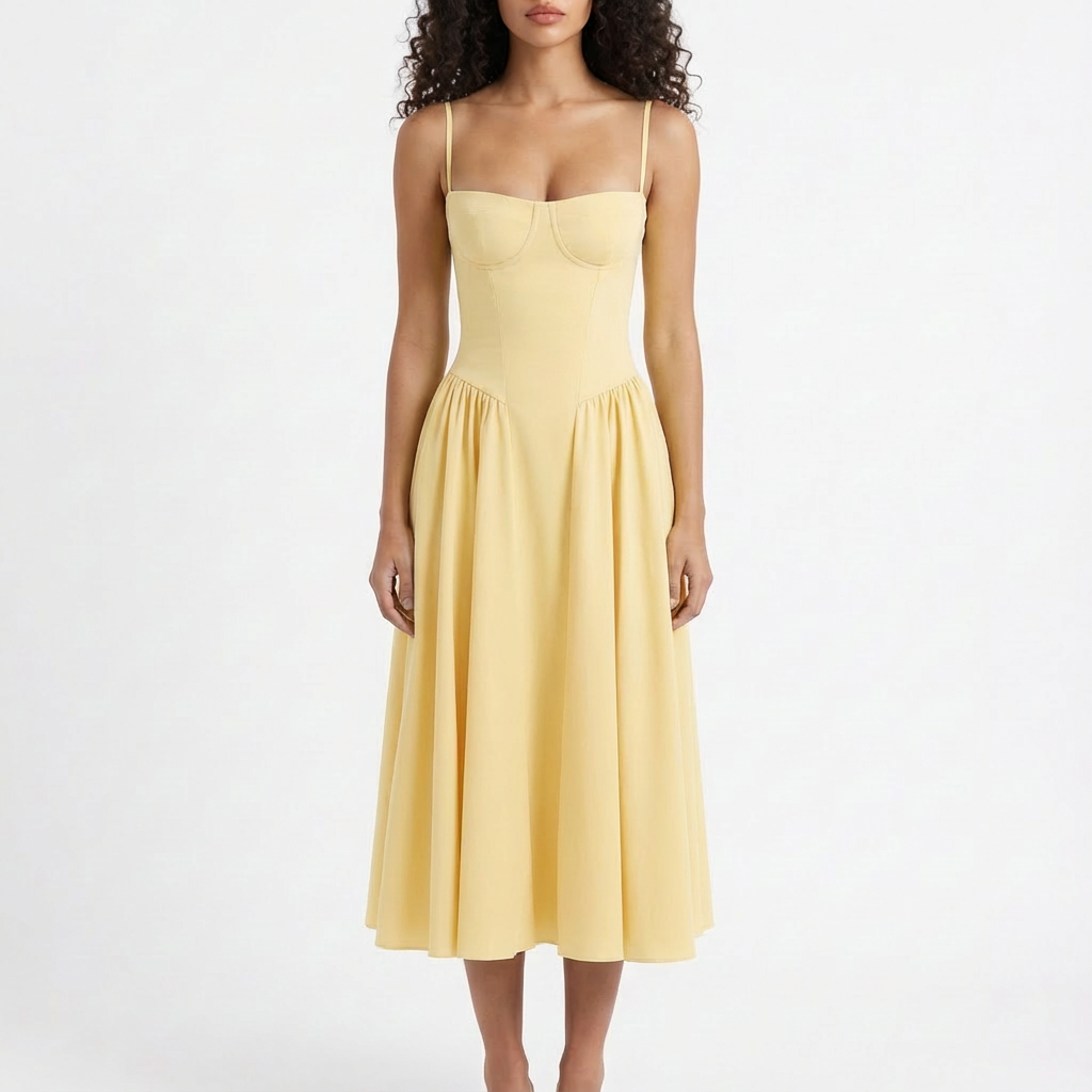 Vestido Midi Mujer con Corpiño Corsé y Tirantes Finos Romántico