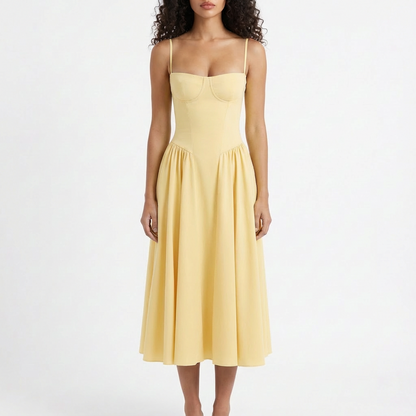 Vestido Midi Mujer con Corpiño Corsé y Tirantes Finos Romántico