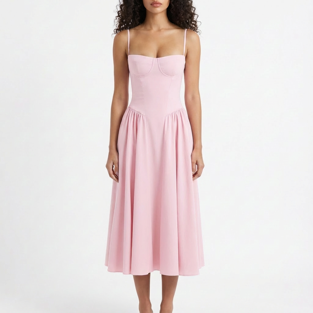 Vestido Midi Mujer con Corpiño Corsé y Tirantes Finos Romántico