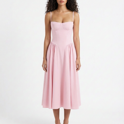 Vestido Midi Mujer con Corpiño Corsé y Tirantes Finos Romántico