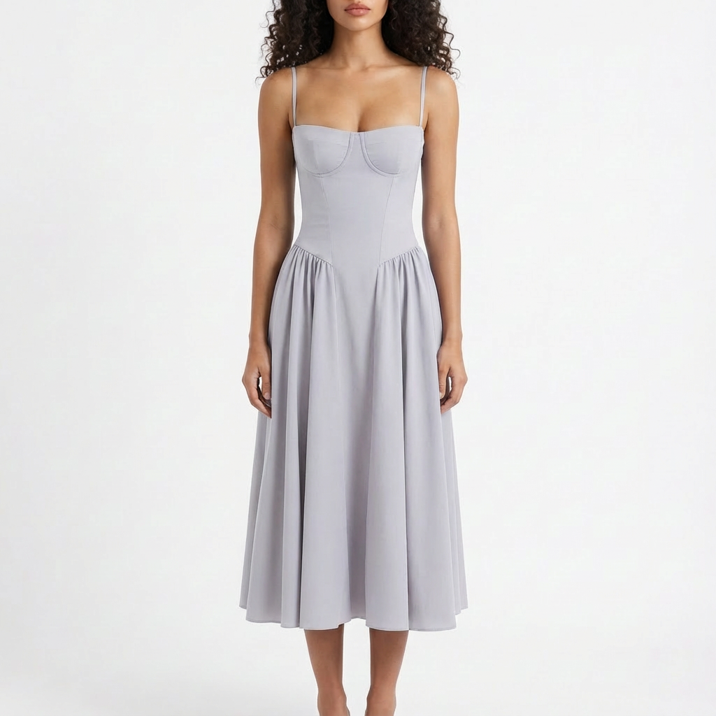 Vestido Midi Mujer con Corpiño Corsé y Tirantes Finos Romántico