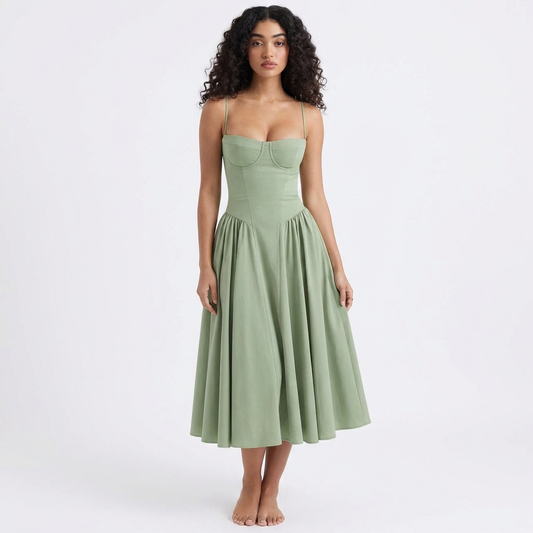 Vestido Midi Mujer con Corpiño Corsé y Tirantes Finos Romántico - Mavetta