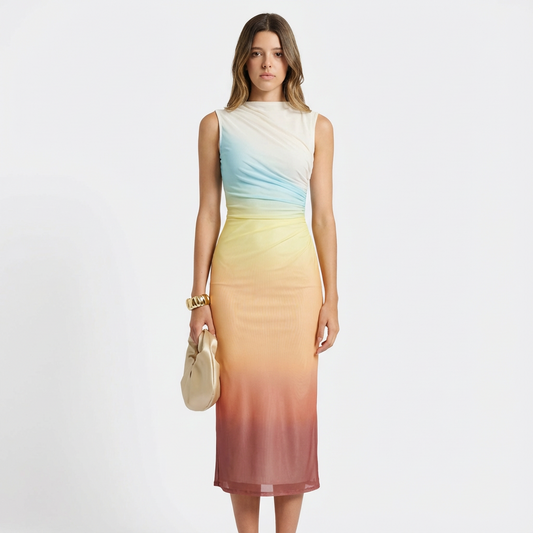 Vestido Midi Mujer Efecto Degradado Drapeado Elegante - Mavetta