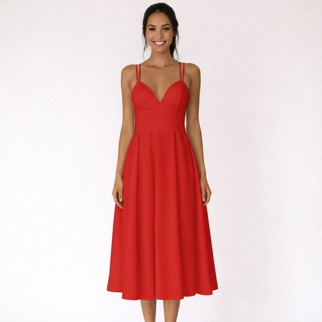 Vestido Midi Mujer con Escote en V y Tirantes Finos