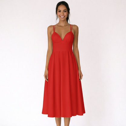 Vestido Midi Mujer con Escote en V y Tirantes Finos