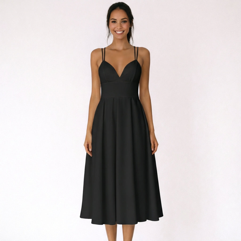 Vestido Midi Mujer con Escote en V y Tirantes Finos