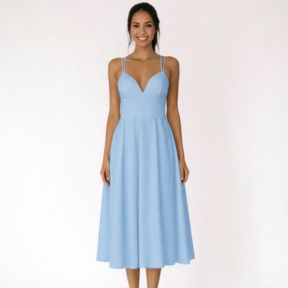 Vestido Midi Mujer con Escote en V y Tirantes Finos