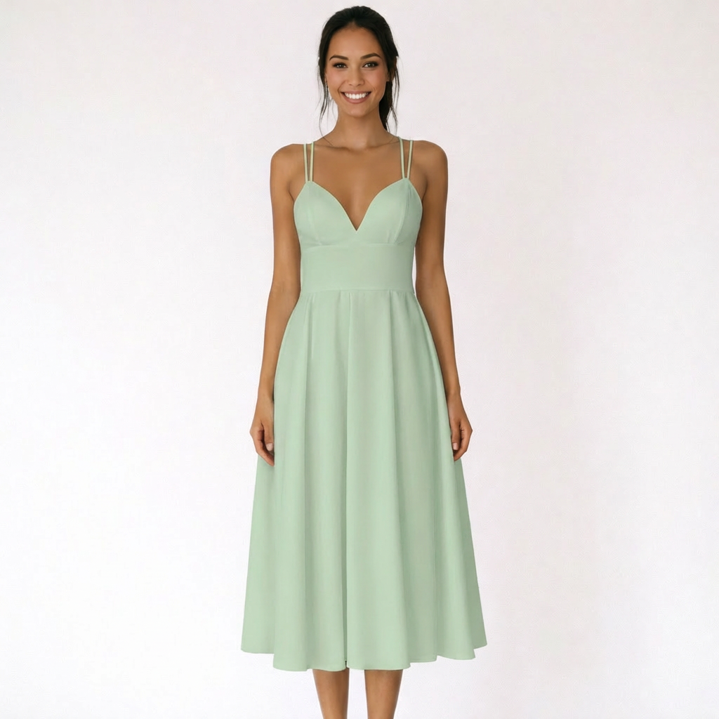 Vestido Midi Mujer con Escote en V y Tirantes Finos