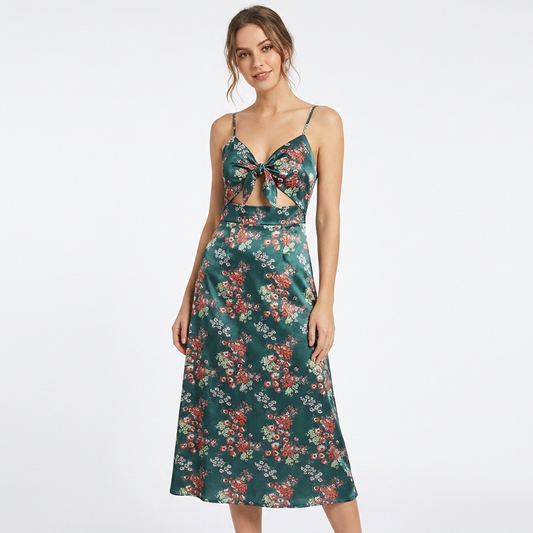Vestido Midi Mujer Estampado Floral Lazo Frontal Boho - Mavetta
