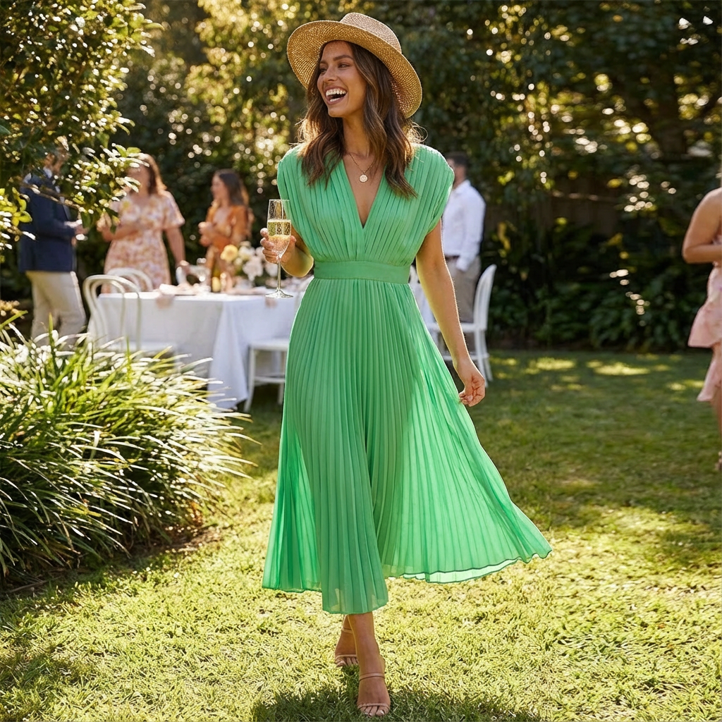 Vestido Midi Mujer Tejido Plisado Escote en V