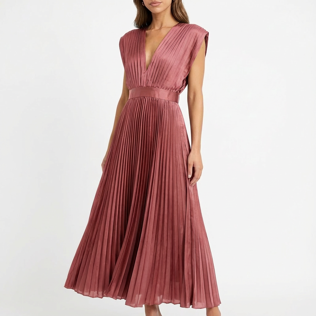 Vestido Midi Mujer Tejido Plisado Escote en V