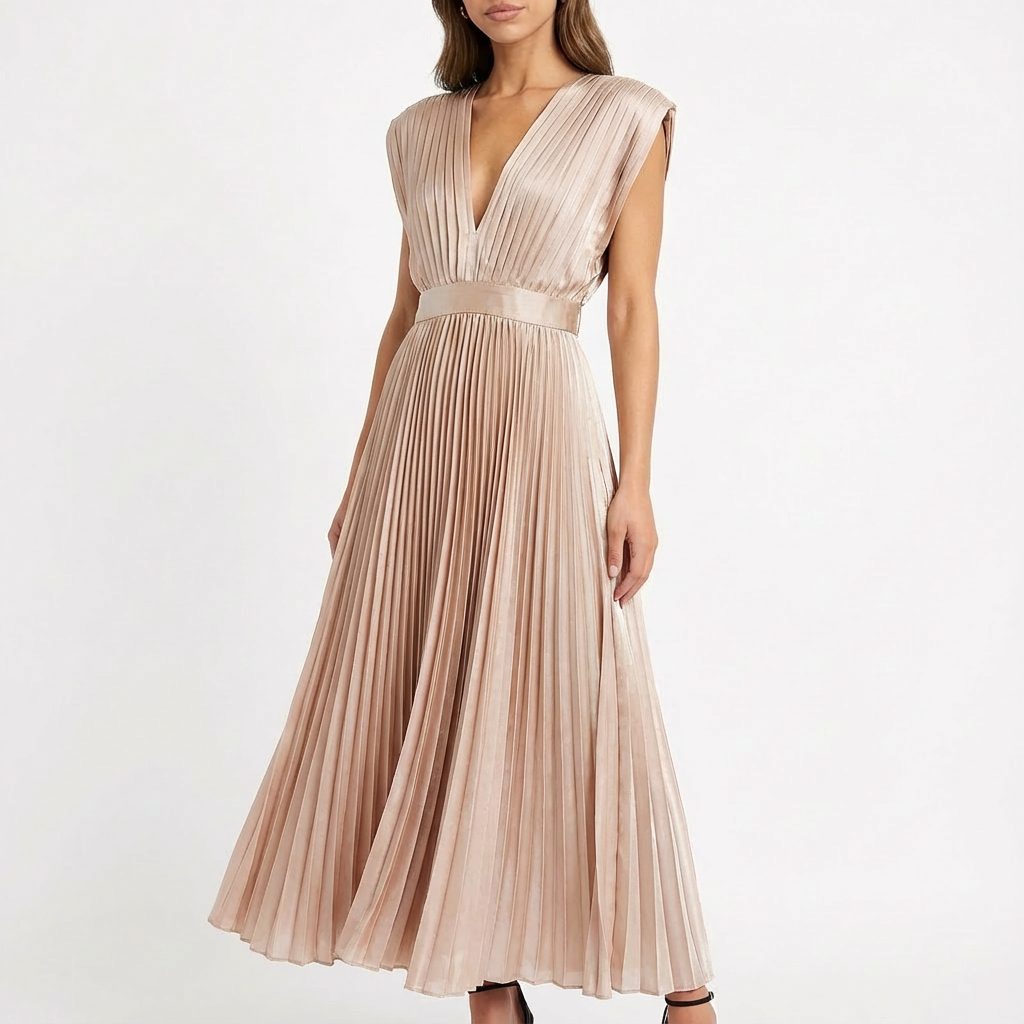 Vestido Midi Mujer Tejido Plisado Escote en V