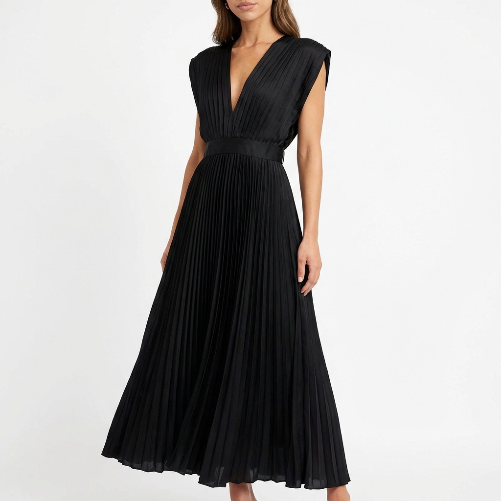 Vestido Midi Mujer Tejido Plisado Escote en V