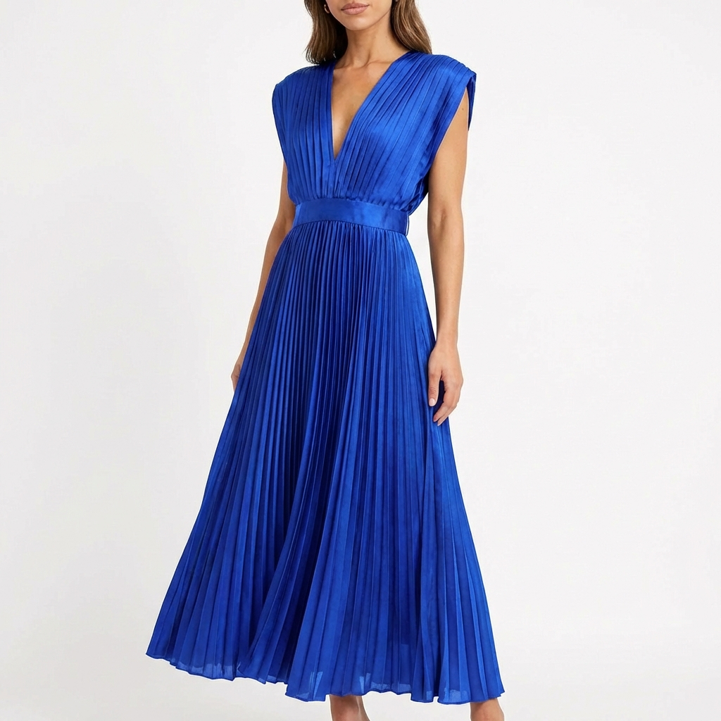 Vestido Midi Mujer Tejido Plisado Escote en V